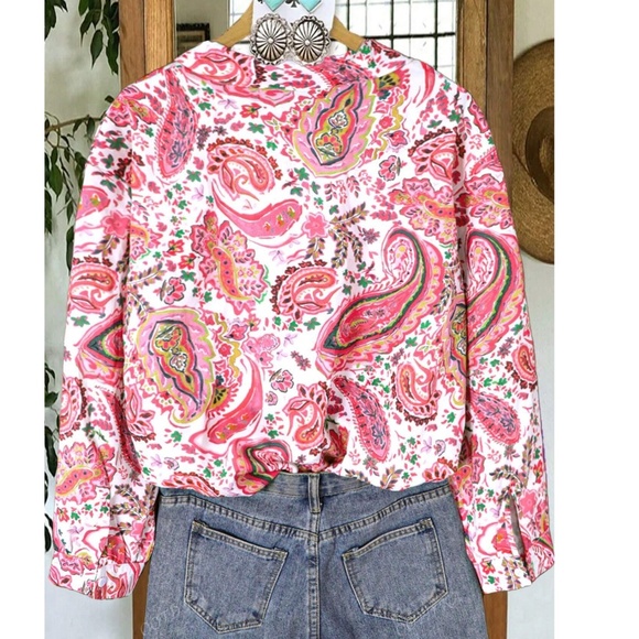 Boho Paisley Print Button Down loose Fit Boyfriend shirt - Picture 2 of 4